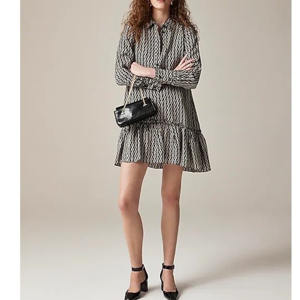 J.Crew Women's Shirt Dress Chain Print Long Sleeve Ruffle Hem E1‎